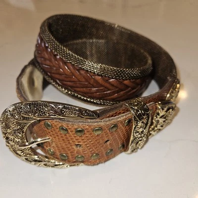 Cinturón Vintage Sand Castle EE. UU. Marrón Multi Textura Cuero Trenzado y Malla 34"  Foto 1 de 4