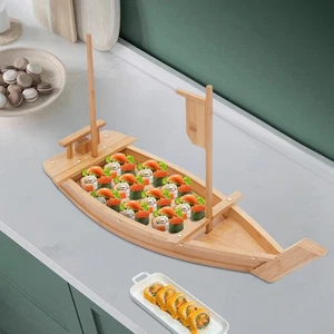 Sashimi Bamboo & Metal Tray 70*24cm Sushi Serving Tray Boat Shape Tray Log Color - Picture 1 of 16