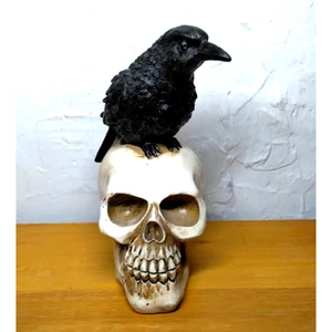 Crow Sitting on a Skull, Halloween Home Decor - Poe "Quote the Raven!" 6.5" tall - Picture 1 of 7