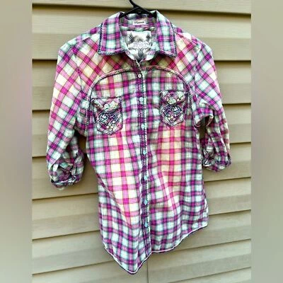Roar size M western rodeo gingham plaid button up embroidered sequined shirt - Imagem 1 de 4