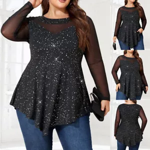 Women Sequin Glitter Tunic Tops Pullover Ladies Long Sleeve Blouse Plus Size US - Picture 1 of 17