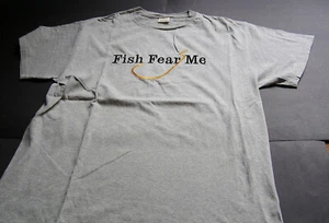 pre-own t - Large - Gray - Gold Embroidered Fish Hook - "Fish Fear Me" - Picture 1 of 2