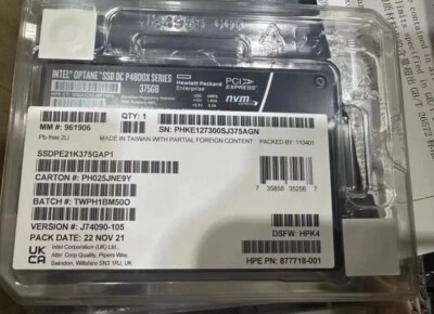 Intel Optane P4800x 375GB SSD U.2 NVME PCIE HP SSDPE1K375GAP1- - Image 1 of 3