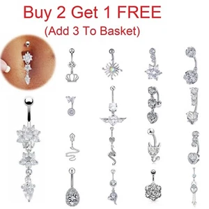 Belly Bars Navel Button Piercing Rings Crystal Body Jewellery Dangle Ring Silver - Picture 1 of 259