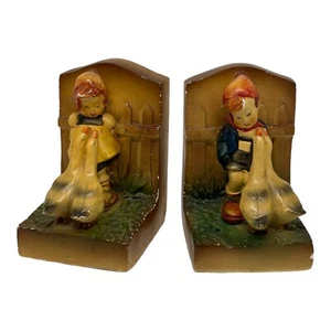 Vintage Chalkware Pair Of Bookends Boy & Girl With Geese Very Cute! - Picture 1 of 11