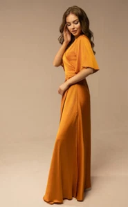 musturd rod satin silk wrape maxi dress for women flared sleeve v neckline - Picture 1 of 10