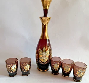 Bohemian Amethyst Glass Cordial Decanter Set Gold Hand Painted Floral - Picture 1 of 15