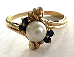 Vintage 14K SR Yellow Gold White Freshwater Pearl Sapphire Ladies Ring Size 7.75 - Picture 1 of 12