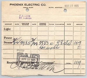 Butte, MT Phoenix Electric Co.- Leys Jewelry 1925 "Steam" Billhead $109 - Picture 1 of 2
