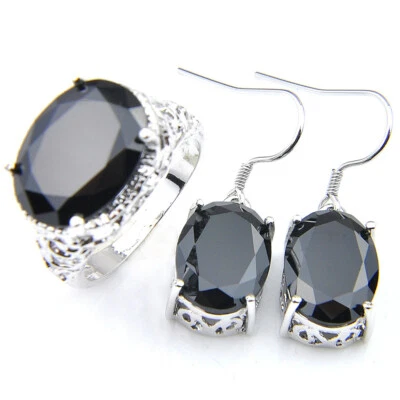 Natural Oval Cut 2 Pcs 1 Lot Black Onyx Gems Silver Earrings Rings US Size 7 8 9 - Image 1 of 4