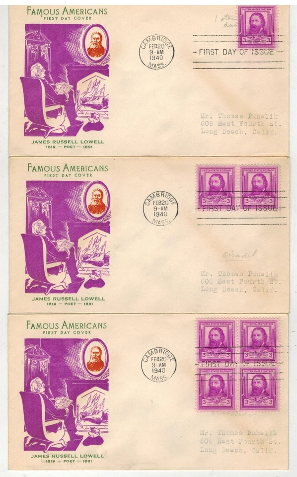 1940 FAMOUS AMERICANS SET OF 3 POETS JAMES RUSSELL LOWELL SINGLE/PAIR/BLOCK - Image 1 of 1