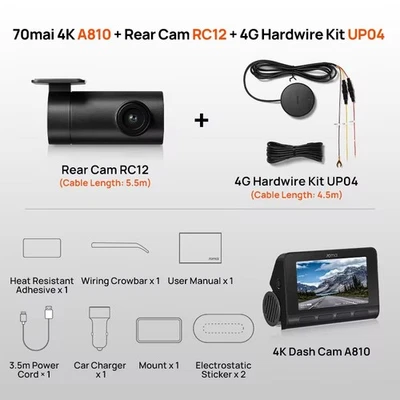 70 Mai Dash Cam Set A810 4K DVR sigillato GPS + RC12 camera + 4G kit UP04 - Immagine 1 di 4