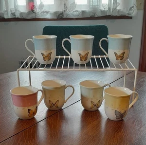 Set of 7 Lenox Butterfly Meadow Porcelain Coffee Cups Pastel Scalloped Rim - Picture 1 of 3