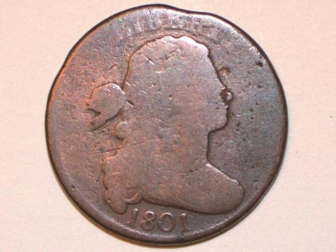 🌟 1801 Draped Bust US American Large Cent Penny Coin VERY GOOD Cover