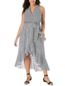 Plus Size Black & White Striped Halterneck Wrap Midi Frill Occassion Dress - Picture 1 of 4