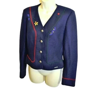 Giesswein Austria Boiled Wool Navy Floral applique Cardigan Sweater Jacket 4 36 - Picture 1 of 5