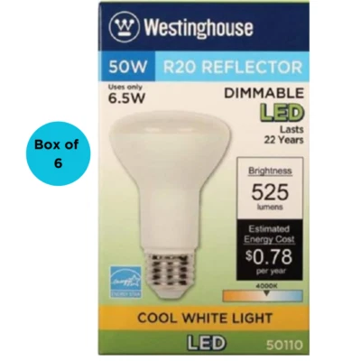 Westinghouse 50110, R20 Reflector, Dimmable LED, 6.5W - Box of 6 - Image 1 of 3