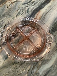 Mayfair Open Rose Pink Depression Glass Divided Bowl 2-Handled 10” - Picture 1 of 8
