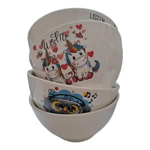 Juego de 4 platos de porcelana de cereales platos blancos platos para niños cuenco búho desayuno - Imagen 1 de 3