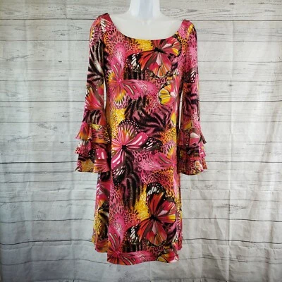 Muse Womens Shift Dress Sz 4 Pink Black Butterfly Print Layered 3/4 Sleeves - Image 1 of 4