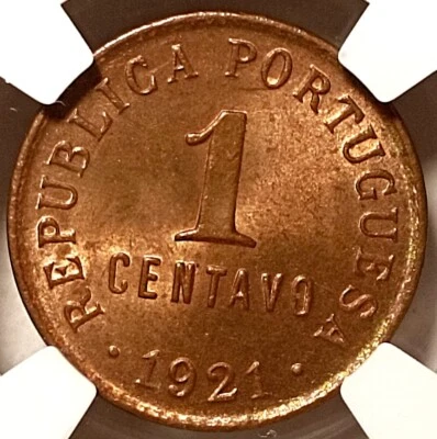 NGC MS64 RB - Portugal 1 centavo 1921 coin (SCARCE!) - Image 1 of 4
