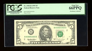 DBR 1995 $5 FRN New York Gem Fr. 1984-B PCGS 66 PPQ Serial B93884060D - Picture 1 of 2