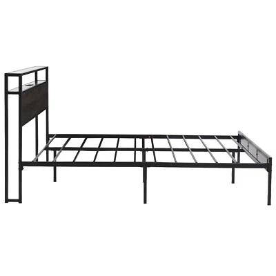 E-MOTIE LED Bed Frame Full/Queen/King with Wooden Storage Headboard and Charging Station