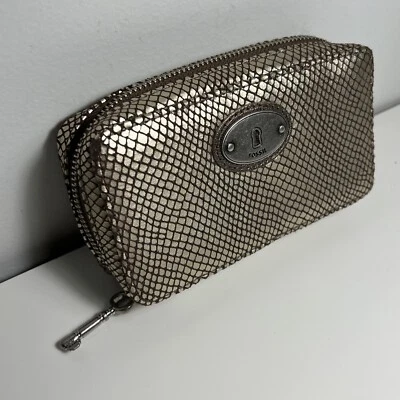 NUEVO Estuche Organizador de Joyería Fósil Viaje Marrón Metálico Piel de Serpiente Llave Cremallera Foto 1 de 4