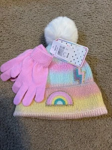 NWT! Macey Rainbow Sugar Girls Kids Pom Pom Hat + Matching Gloves Rainbow MSRP32 - Picture 1 of 2