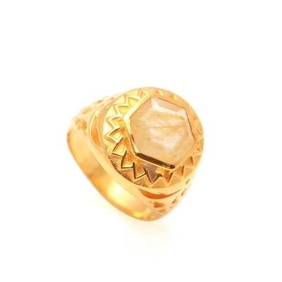 Golden Rutile Hexagon Ring 925 Sterling Silver Gold Fill Delicate Ring For Lover - Image 1 of 4