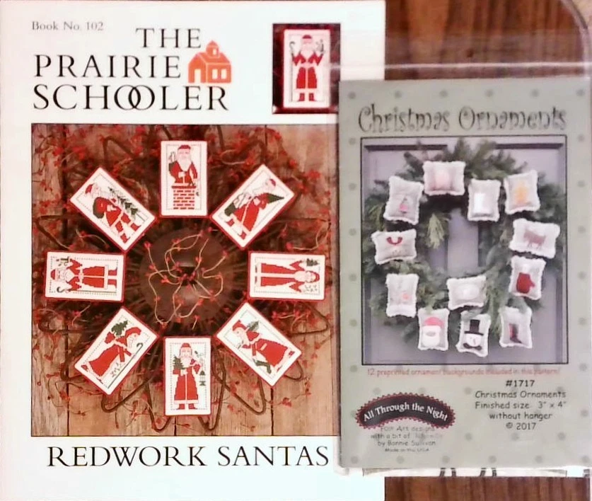Redwork Santas cross stitch Prairie Schooler 102 & All throught  NIght Ornaments - Image 1 of 1