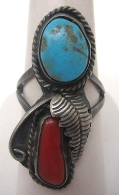 Anillo Navajo Vintage Plata Esterlina Coral Rojo y Turquesa Talla 8.5 Foto 1 de 4