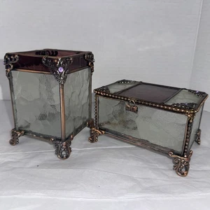 J DELVIN Handmade Hinged Glass Jewelry Box Vanity Set Amethyst Copper - Picture 1 of 24