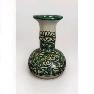 Vintage MCM Spanish Art Pottery Green & Black Bud Vase - Image 1 of 4