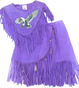 Poncho Chaleco y Falda Vintage Púrpura HB Thunderbird Nativo Gamuza Cuero Flecos - Imagen 1 de 19