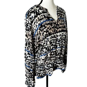 Jennifer Lopez Blouse Womens Large Geometric Black Blue V Neck Long Sleeve Top - Picture 1 of 9