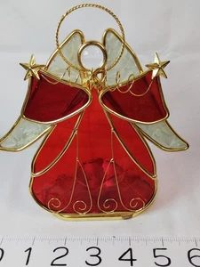 Vintage Red Stain Glass Christmas Angel Figure Suncatcher Candle Holder - Picture 1 of 6