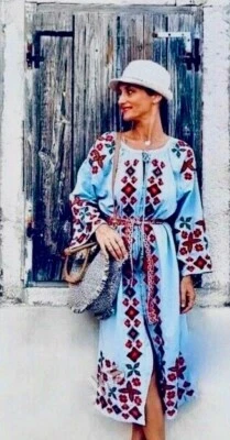 Fabuloso *ZARA* Vestido Chaqueta Midi Caftán Mezcla Lino Azul Bordado Borla XS Foto 1 de 4