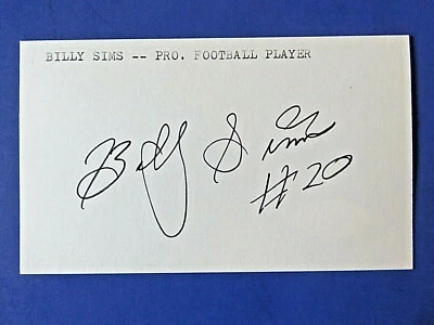 BILLY SIMS #20 SIGNED 3x5 INDEX CARD Detroit Lions HEISMAN FOOTBALL ~ JSA COA - Image 1 of 2
