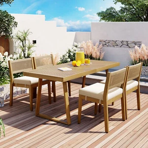 U_Style Multi-person Outdoor Acacia Wood Dining Table and Chair Set, Thick Cushi - Picture 1 of 11
