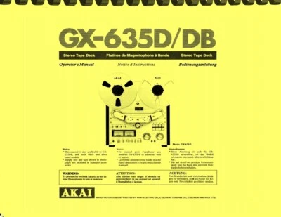 AKAI GX-635D GX-635DB Stereo Tape Deck OWNER'S MANUAL and SERVICE MANUAL - Image 1 of 2