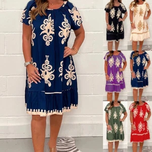 Women Summer Boho Floral Midi Dress Ladies Crew Neck Beach Short Sleeve Sundress - Picture 1 of 20
