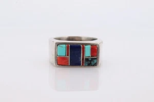 Heavy Navajo Sterling Silver Signet ring. Lapis Turquoise Coral Inlay Design. - Picture 1 of 7