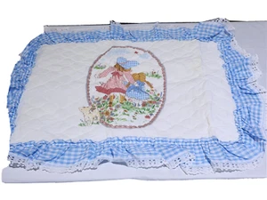 Vintage Sears Kissenhülle blau kariert Kitsch Mädchen Garten Rüsche Schein Land - Bild 1 von 12