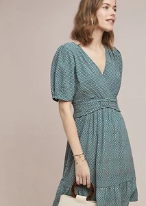 Anthropologie Maeve Keily bedrucktes Kleid mit Gürtel grün kurzarm Größe 2  - Bild 1 von 9