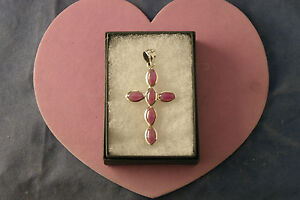 Beautiful  Silver Cross With 6 Indian Ruby 12.3 Gr. 7 x 4 Cm. Wide In Gift Box