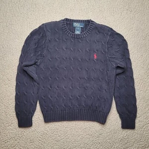 VTG Polo Ralph Lauren Sweater Boys 7 Navy Blue Cable Knit Crewneck Pony Preppy - Picture 1 of 6