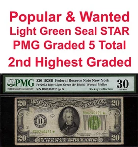 1928B $20 Federal Reserve Note PMG 30 - 5 known light green seal star Fr 2051-B* - Picture 1 of 5