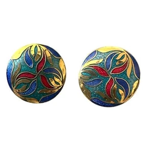 Vintage Cloisonné Emaille Gold Blume Floral Boho Ohrstecker - Bild 1 von 4