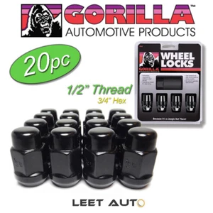 (20pc.) Gorilla Lug Nuts + Wheel Locks, Black, 1/2" Thread, Bulge Acorn, 3/4 Hex - Picture 1 of 5